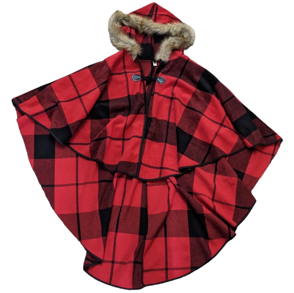 Hooded buffalo plaid symmetrical cape poncho red and black checkered